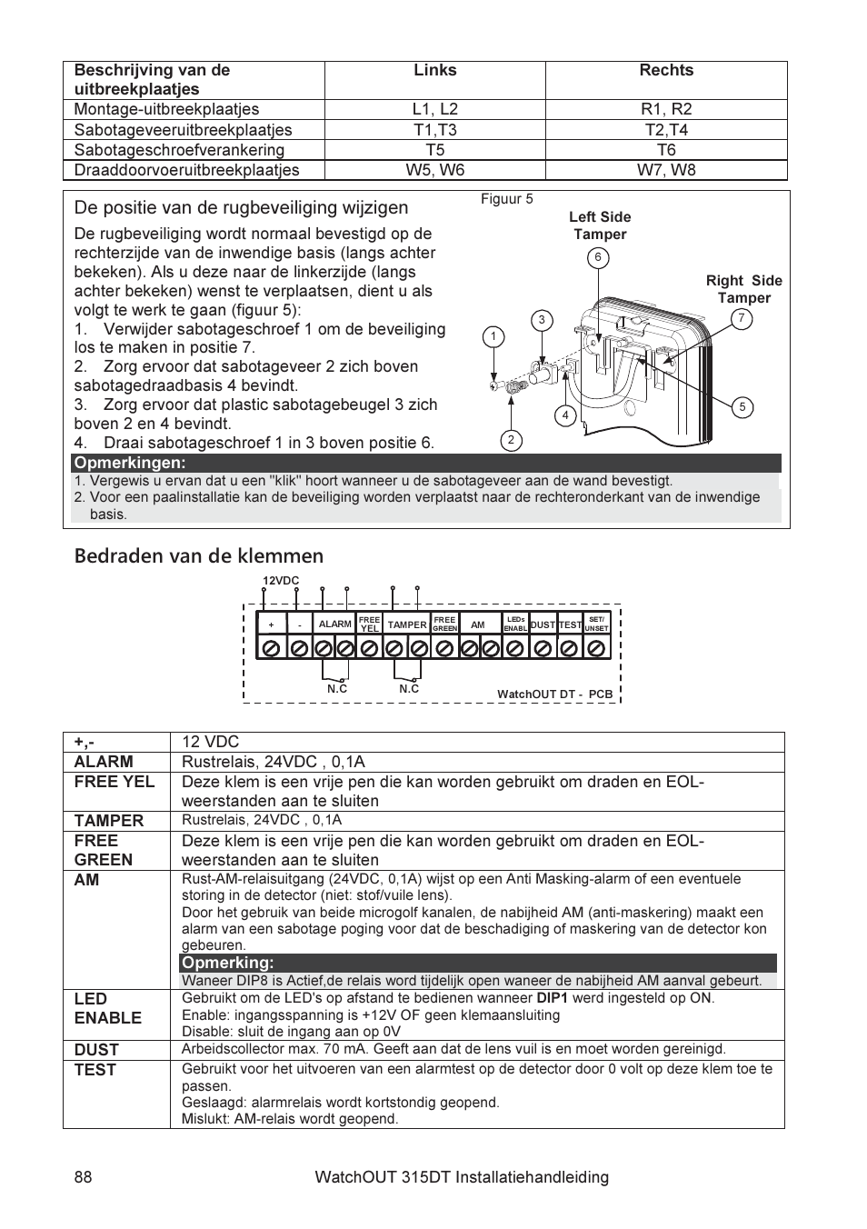 Bedraden van de klemmen, De positie van de rugbeveiliging wijzigen | RISCO Group WatchOUT 315DT User Manual | Page 88 / 104