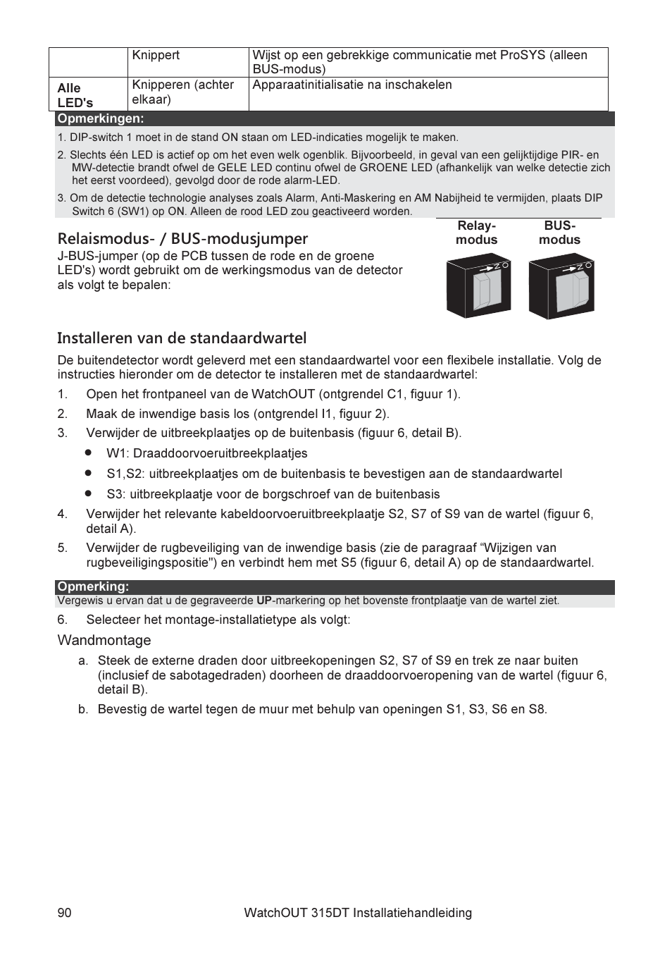 Relaismodus- / bus-modusjumper, Installeren van de standaardwartel | RISCO Group WatchOUT 315DT User Manual | Page 90 / 104