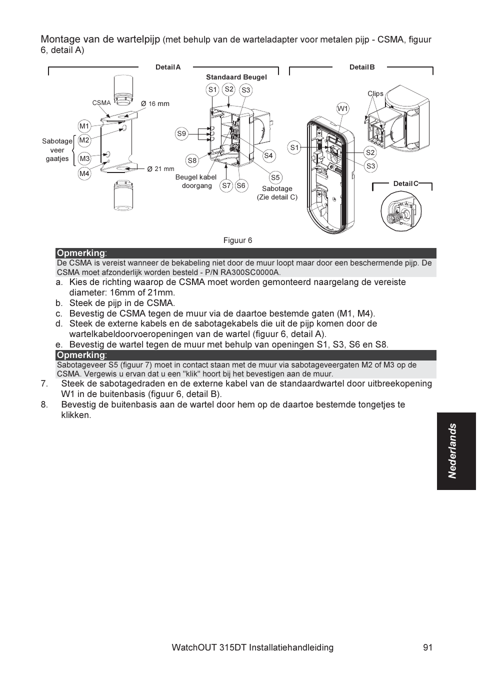 Nederlands montage van de wartelpijp | RISCO Group WatchOUT 315DT User Manual | Page 91 / 104