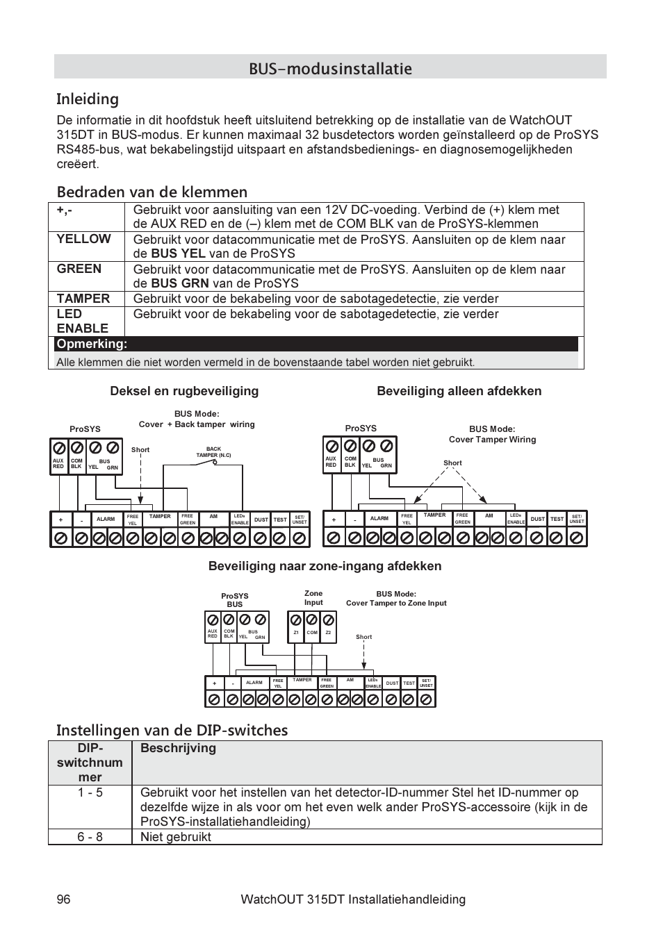 Bus-modusinstallatie inleiding, Bedraden van de klemmen, Instellingen van de dip-switches | Deksel en rugbeveiliging, Beveiliging alleen afdekken, Beveiliging naar zone-ingang afdekken, Dip- switchnum mer beschrijving 1 - 5 | RISCO Group WatchOUT 315DT User Manual | Page 96 / 104