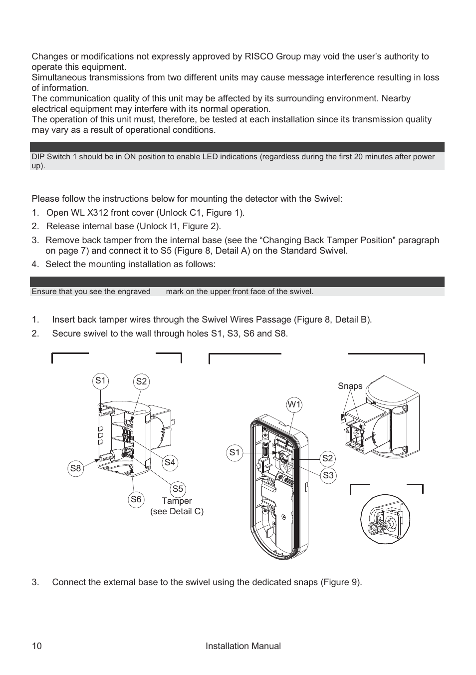 Caution notice, Optional swivel installation (not supplied) | RISCO Group WatchOUT PIR Outdoor WL X312 User Manual | Page 10 / 76