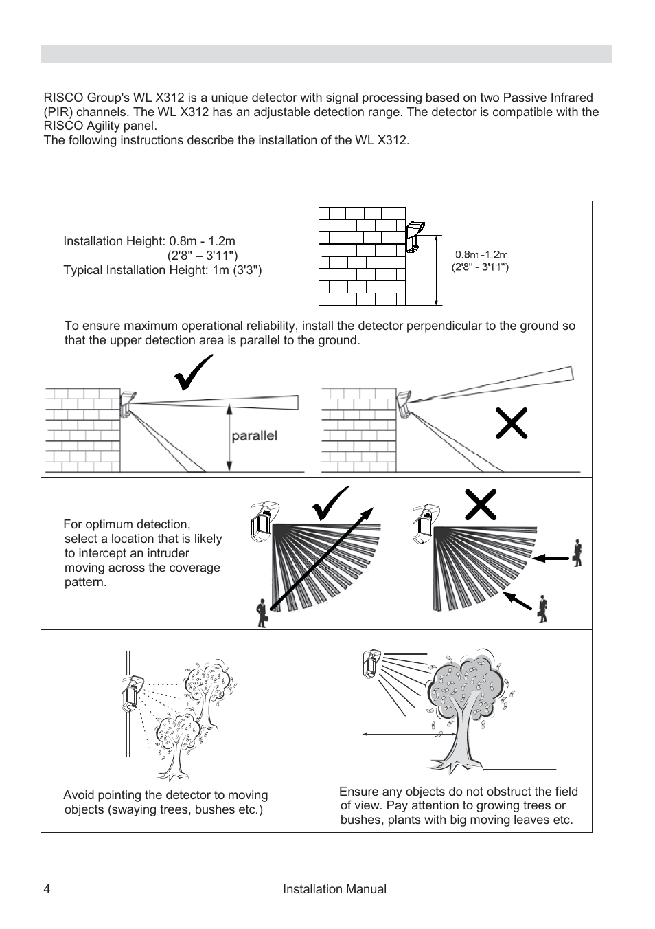 Installation introduction, Mounting | RISCO Group WatchOUT PIR Outdoor WL X312 User Manual | Page 4 / 76