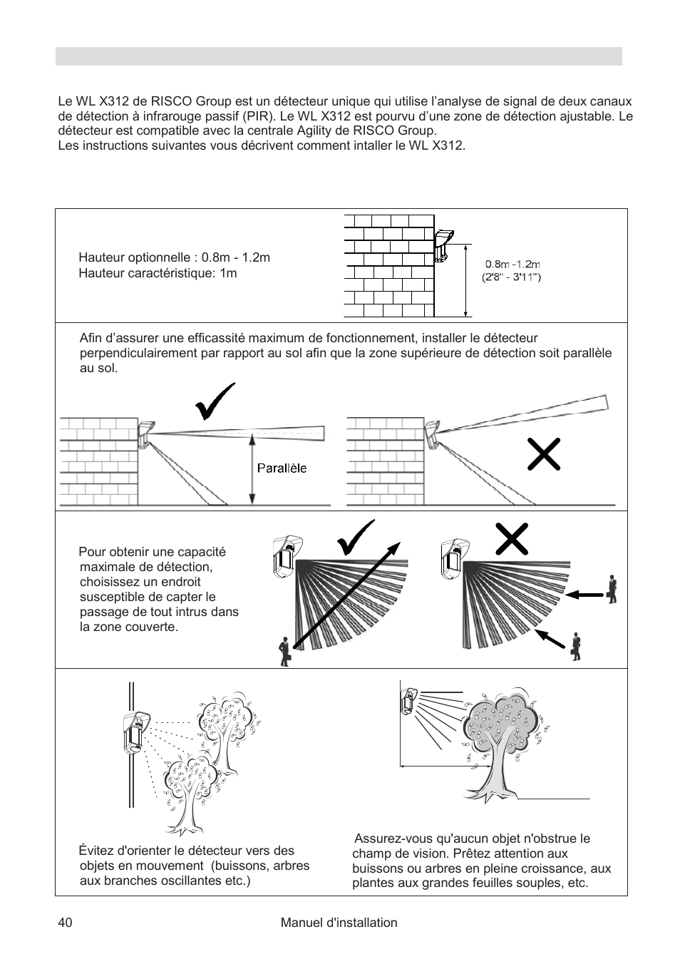 Installation introduction, Montage | RISCO Group WatchOUT PIR Outdoor WL X312 User Manual | Page 40 / 76