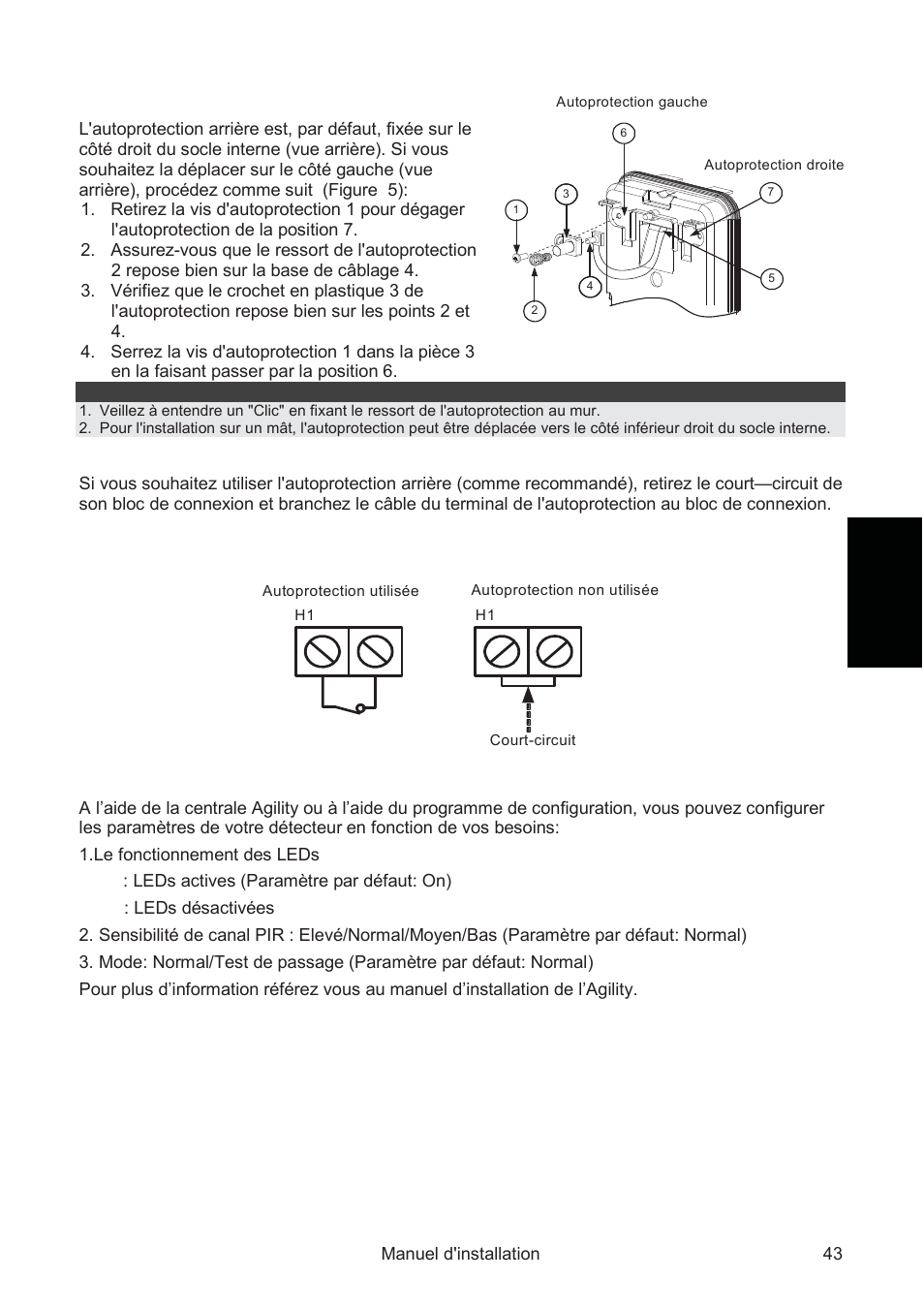 Paramètres de configuration, Câblage du terminal de l'autoprotection | RISCO Group WatchOUT PIR Outdoor WL X312 User Manual | Page 43 / 76