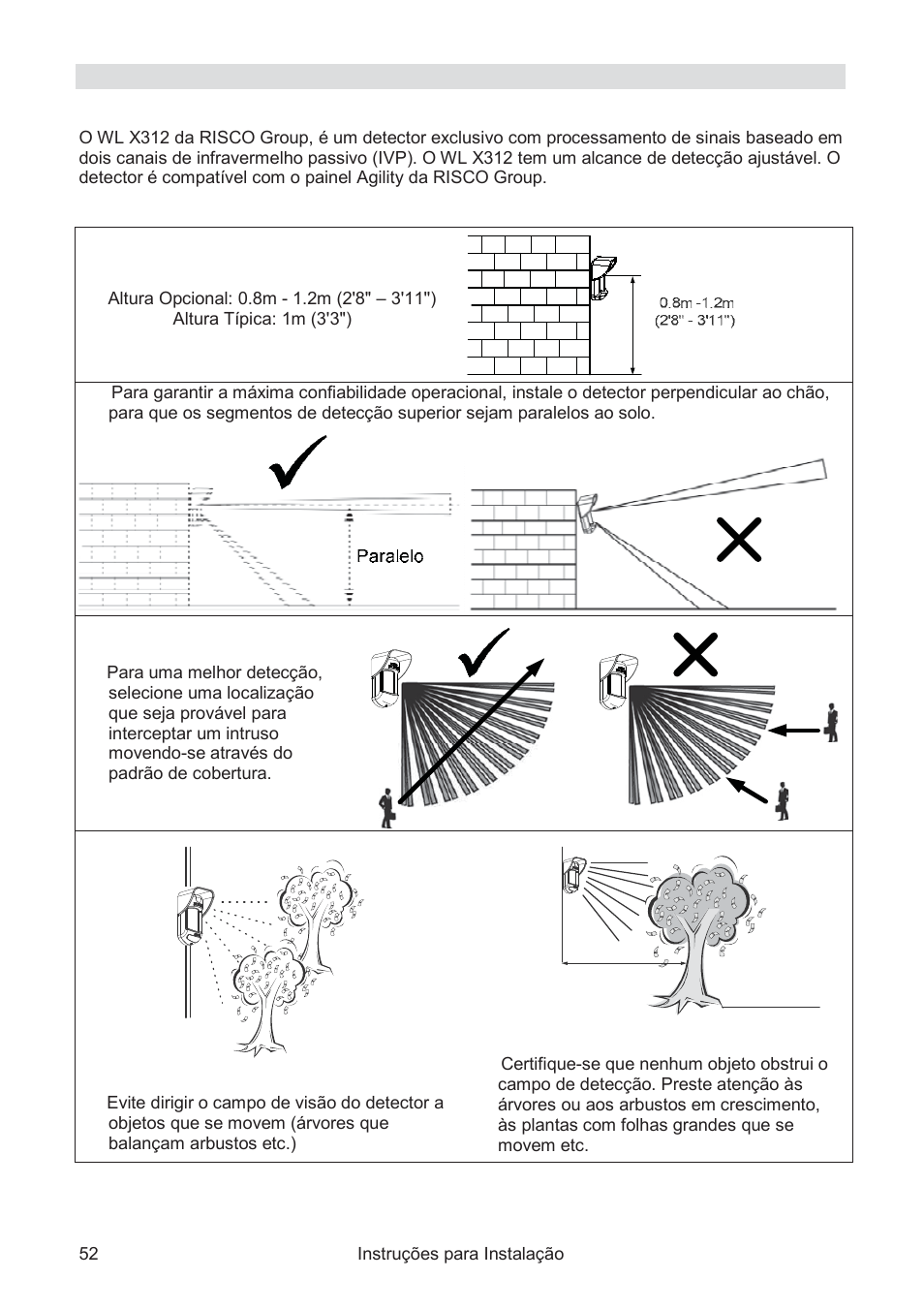 Instalação introdução, Montagem | RISCO Group WatchOUT PIR Outdoor WL X312 User Manual | Page 52 / 76