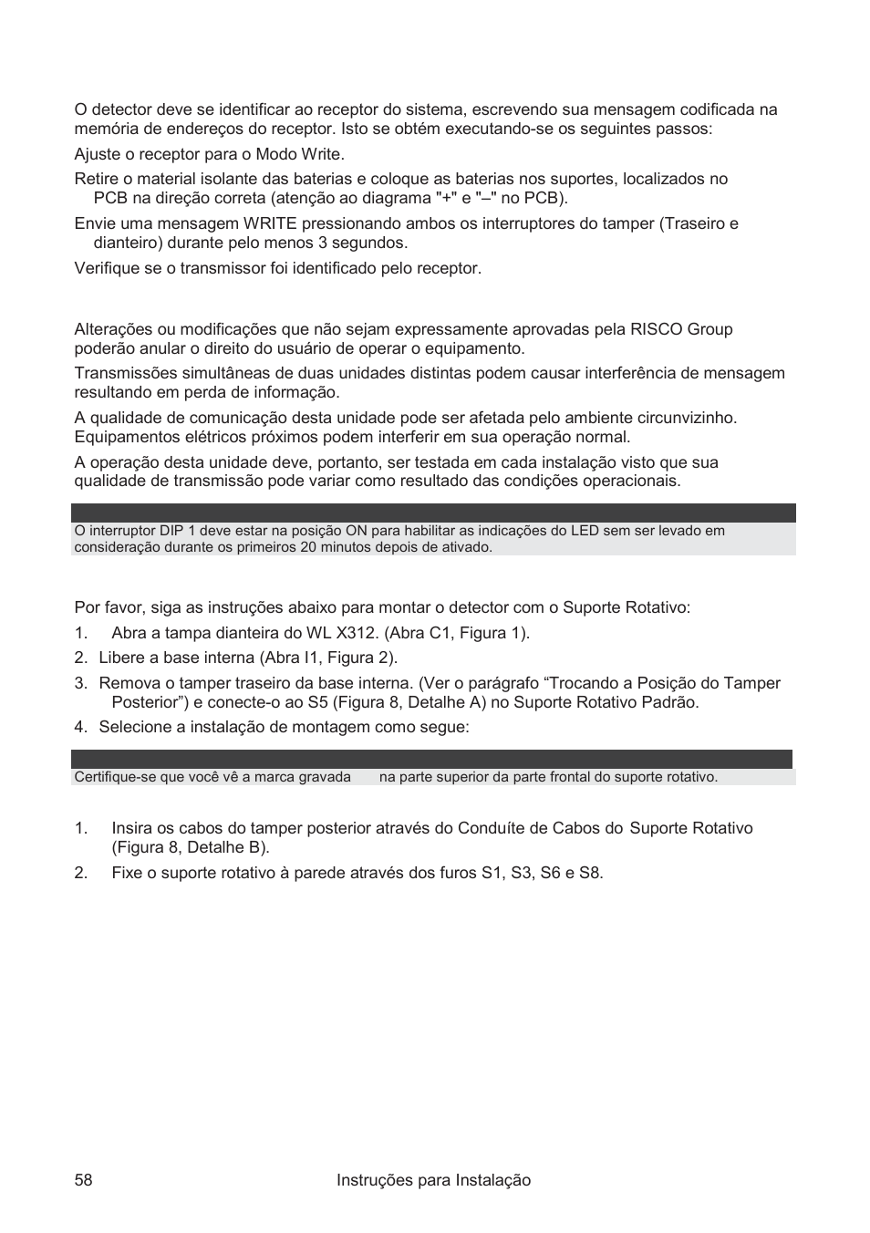 Aviso de precaução | RISCO Group WatchOUT PIR Outdoor WL X312 User Manual | Page 58 / 76