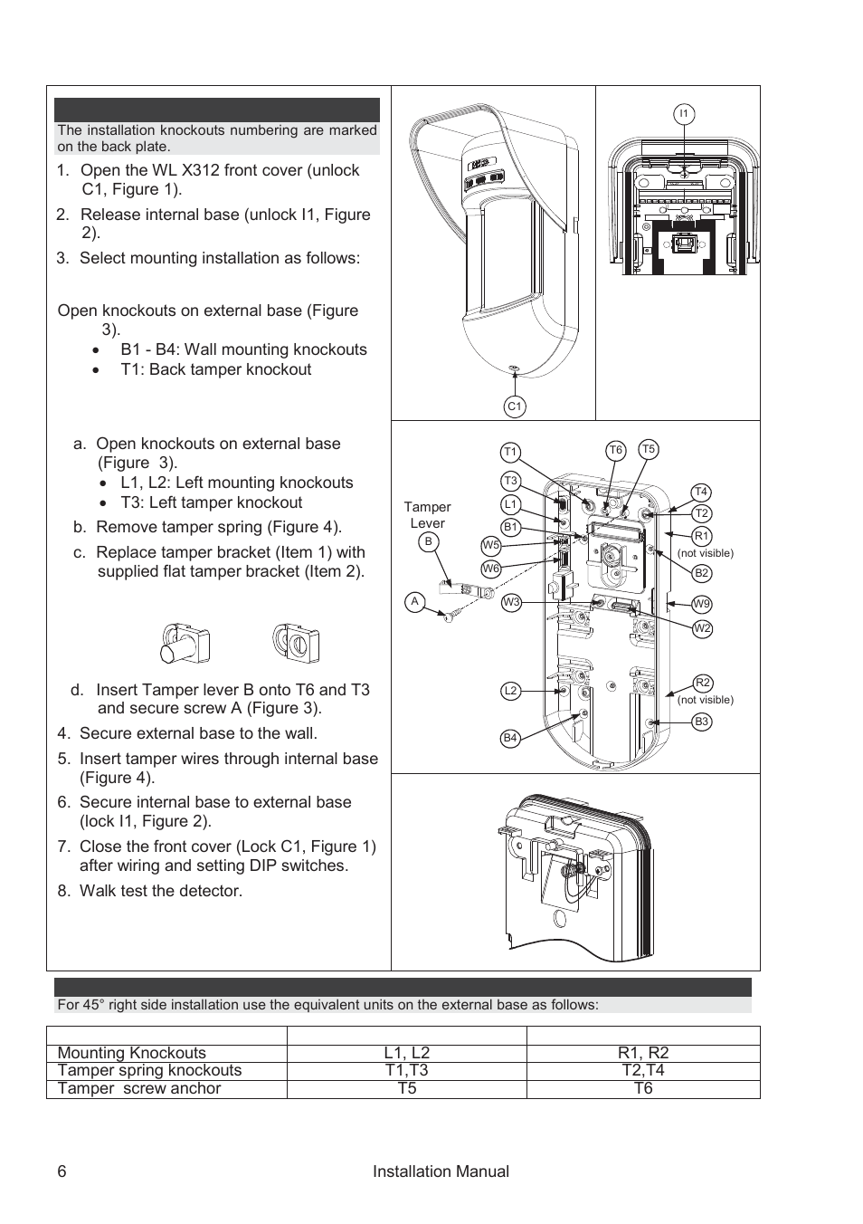 Wall mount installation, Flat mounting, 45° angle mounting (left side mounting) | RISCO Group WatchOUT PIR Outdoor WL X312 User Manual | Page 6 / 76