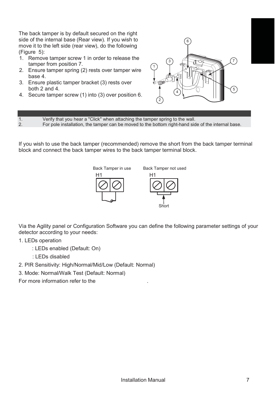 Back tamper terminal wiring, Configuration parameters, English changing back tamper position | RISCO Group WatchOUT PIR Outdoor WL X312 User Manual | Page 7 / 76