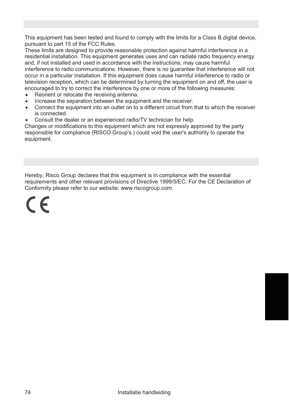 Rtte compliance statement | RISCO Group WatchOUT PIR Outdoor WL X312 User Manual | Page 74 / 76