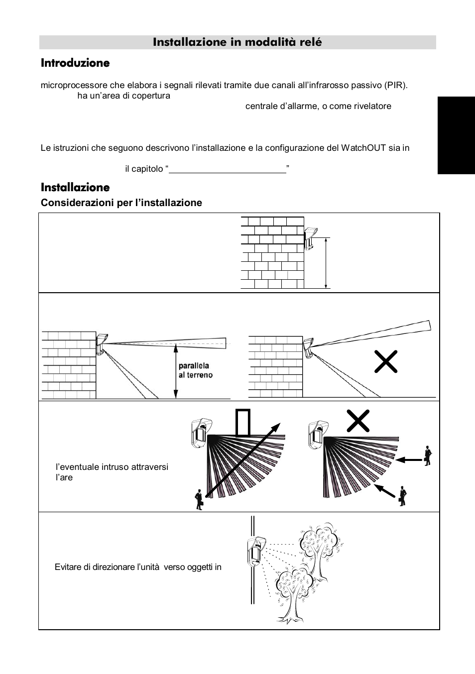 Installazione in modalità relé, Introduzione, Installazione | Considerazioni p, Er l’installazione | RISCO Group Wireless WatchOUT PIR 312PR User Manual | Page 19 / 88