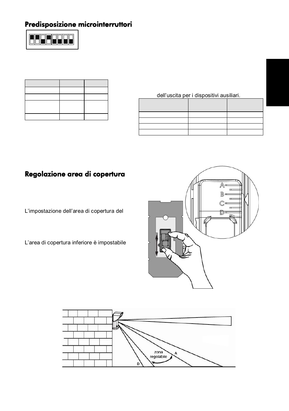 Predisposizione microinterruttori, Regolazione area di copertura | RISCO Group Wireless WatchOUT PIR 312PR User Manual | Page 23 / 88