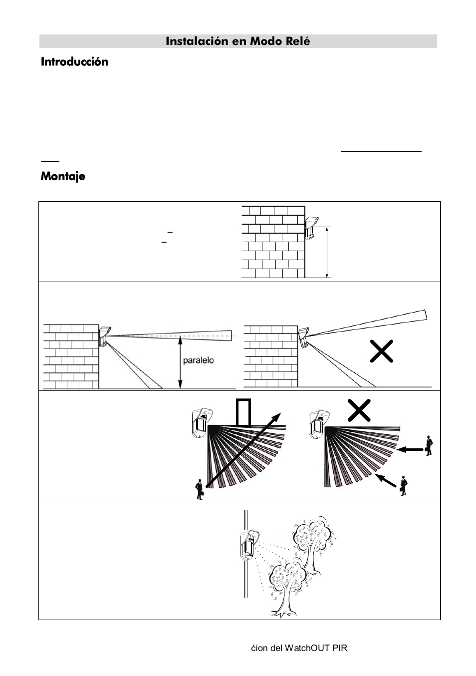 Instalación en modo relé, Introducción, Montaje | Consideraciones de montaje | RISCO Group Wireless WatchOUT PIR 312PR User Manual | Page 36 / 88