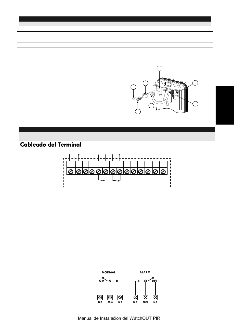 Cambiando la posición del tamper posterior, Cableado del terminal | RISCO Group Wireless WatchOUT PIR 312PR User Manual | Page 39 / 88