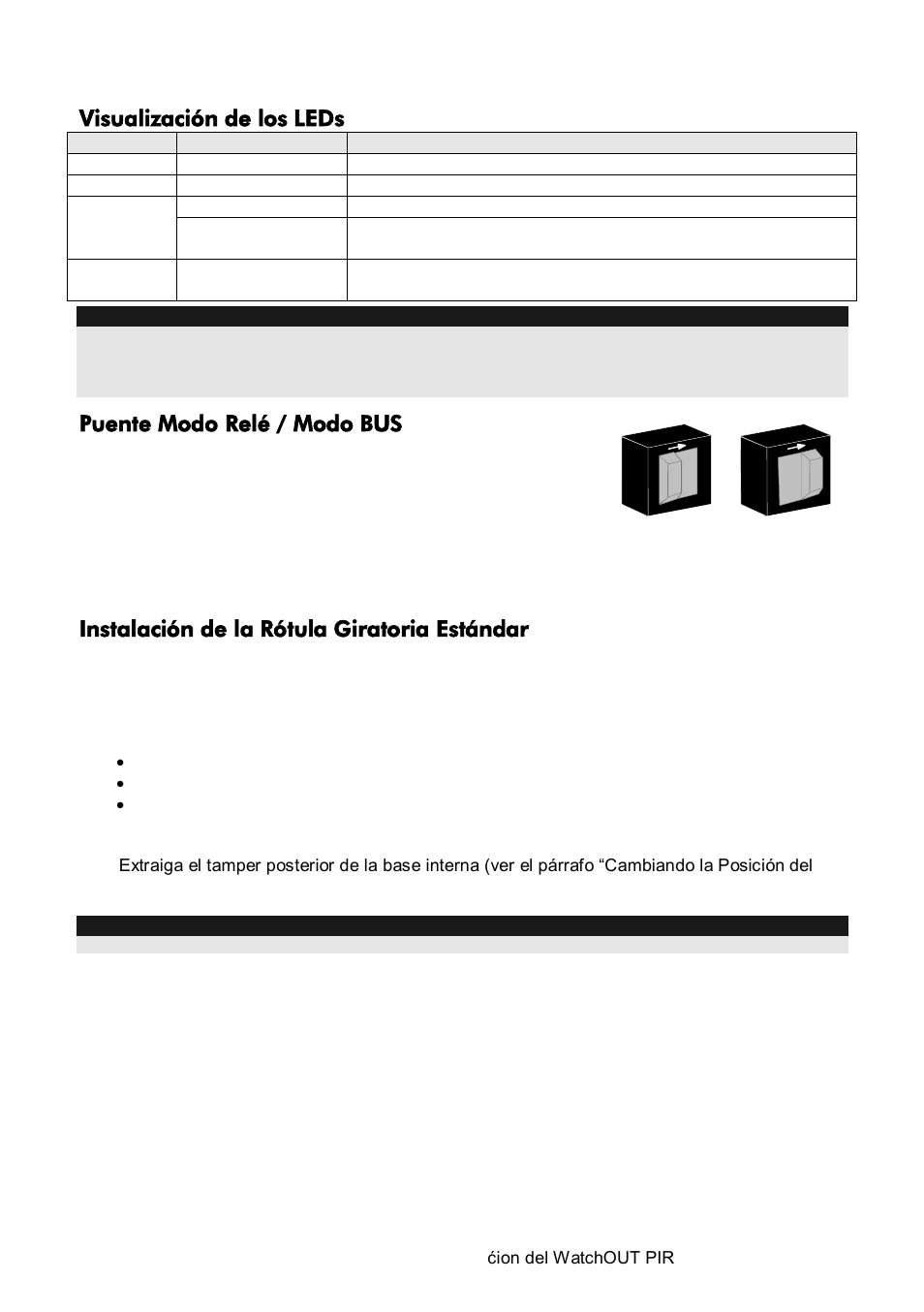 Visualización de los leds, Puente modo relé / modo bus, Instalación de la rótula giratoria estándar | Montaje en pared | RISCO Group Wireless WatchOUT PIR 312PR User Manual | Page 42 / 88