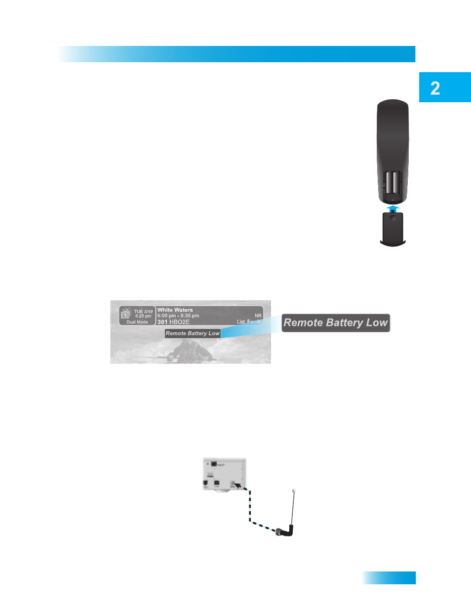 Satellite receiver, Remote control batteries, Low battery warning | Attach the remote antenna | Dish Network Duo ViP 222 User Manual | Page 23 / 152