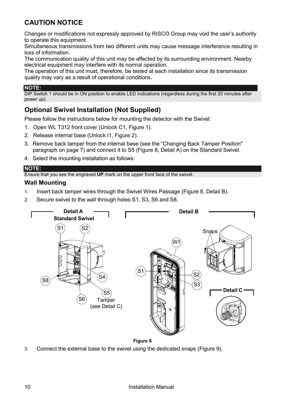 Caution notice, Optional swivel installation (not supplied) | RISCO Group Wireless WatchOUT PIR WL T312 User Manual | Page 10 / 76