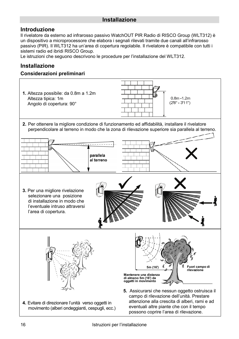 Installazione introduzione, Installazione | RISCO Group Wireless WatchOUT PIR WL T312 User Manual | Page 16 / 76