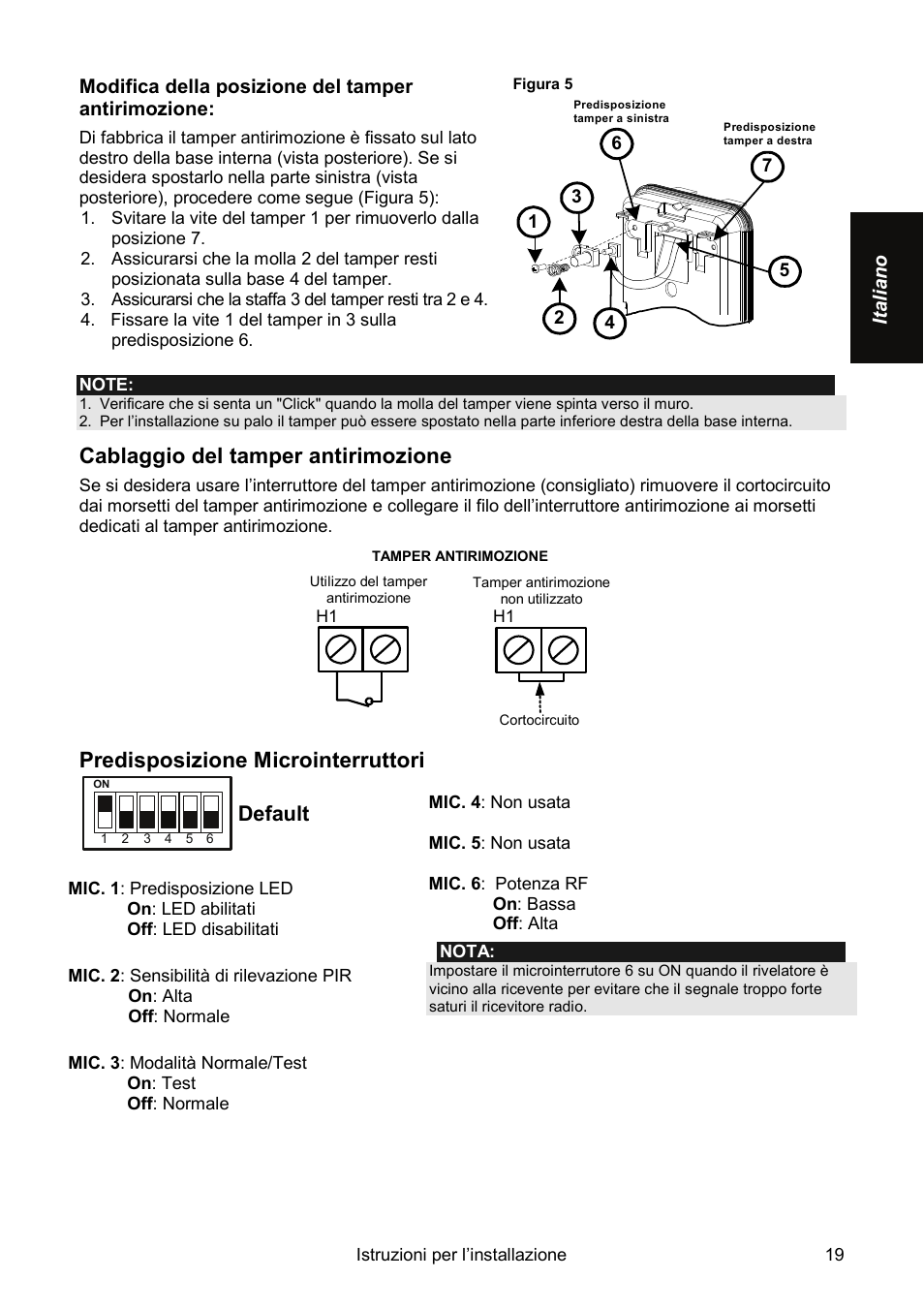 Cablaggio del tamper antirimozione, Predisposizione microinterruttori, Default | RISCO Group Wireless WatchOUT PIR WL T312 User Manual | Page 19 / 76