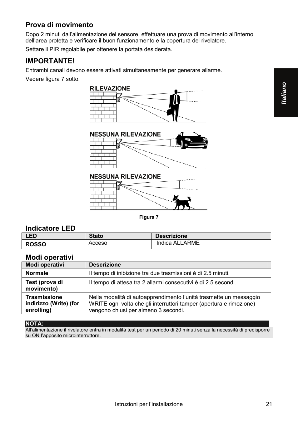 Prova di movimento, Importante, Indicatore led | Modi operativi | RISCO Group Wireless WatchOUT PIR WL T312 User Manual | Page 21 / 76