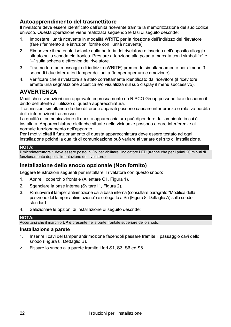 Autoapprendimento del trasmettitore, Avvertenza, Installazione dello snodo opzionale (non fornito) | RISCO Group Wireless WatchOUT PIR WL T312 User Manual | Page 22 / 76