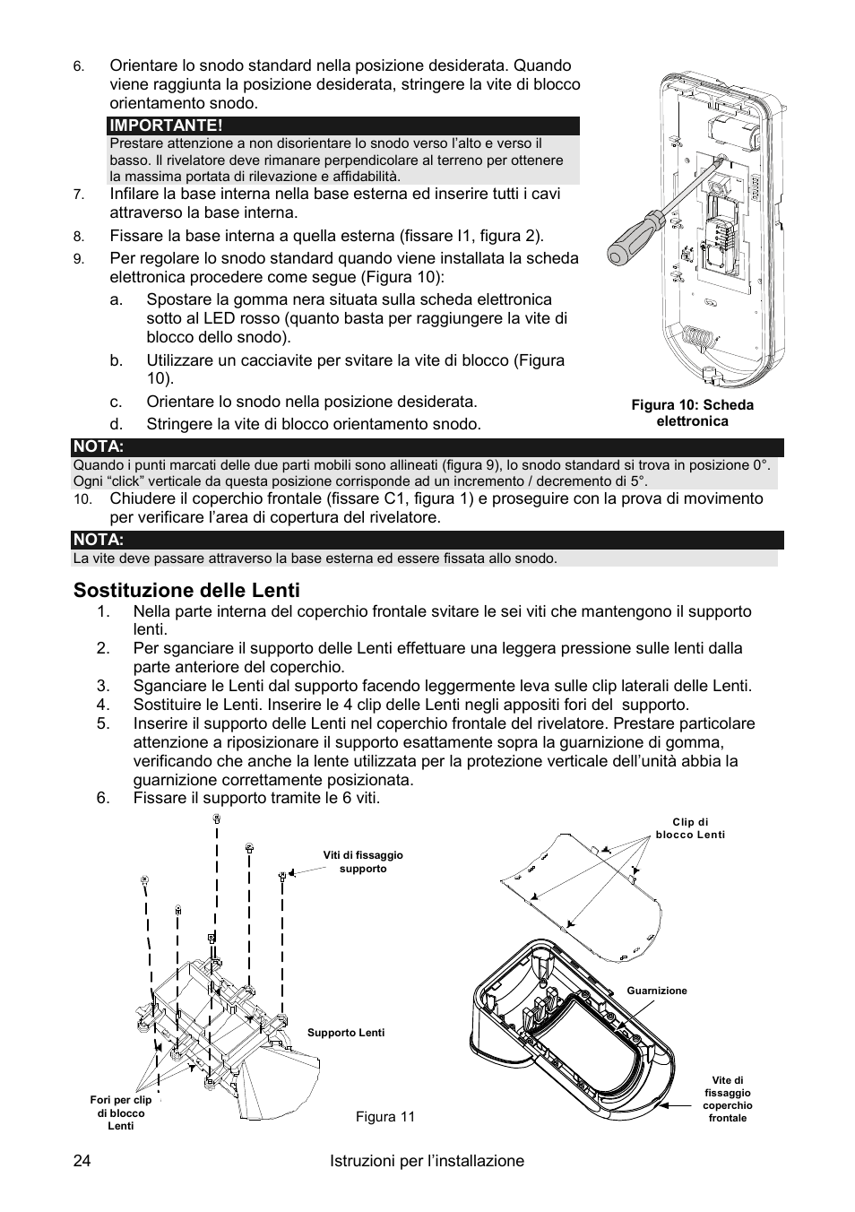Sostituzione delle lenti | RISCO Group Wireless WatchOUT PIR WL T312 User Manual | Page 24 / 76