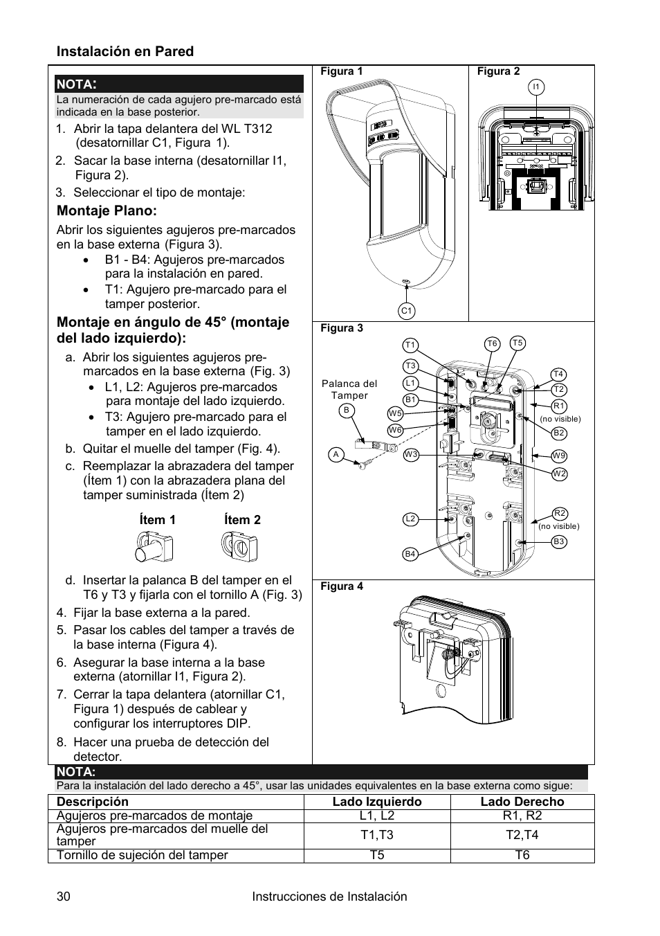 Instalación en pared, Montaje plano | RISCO Group Wireless WatchOUT PIR WL T312 User Manual | Page 30 / 76