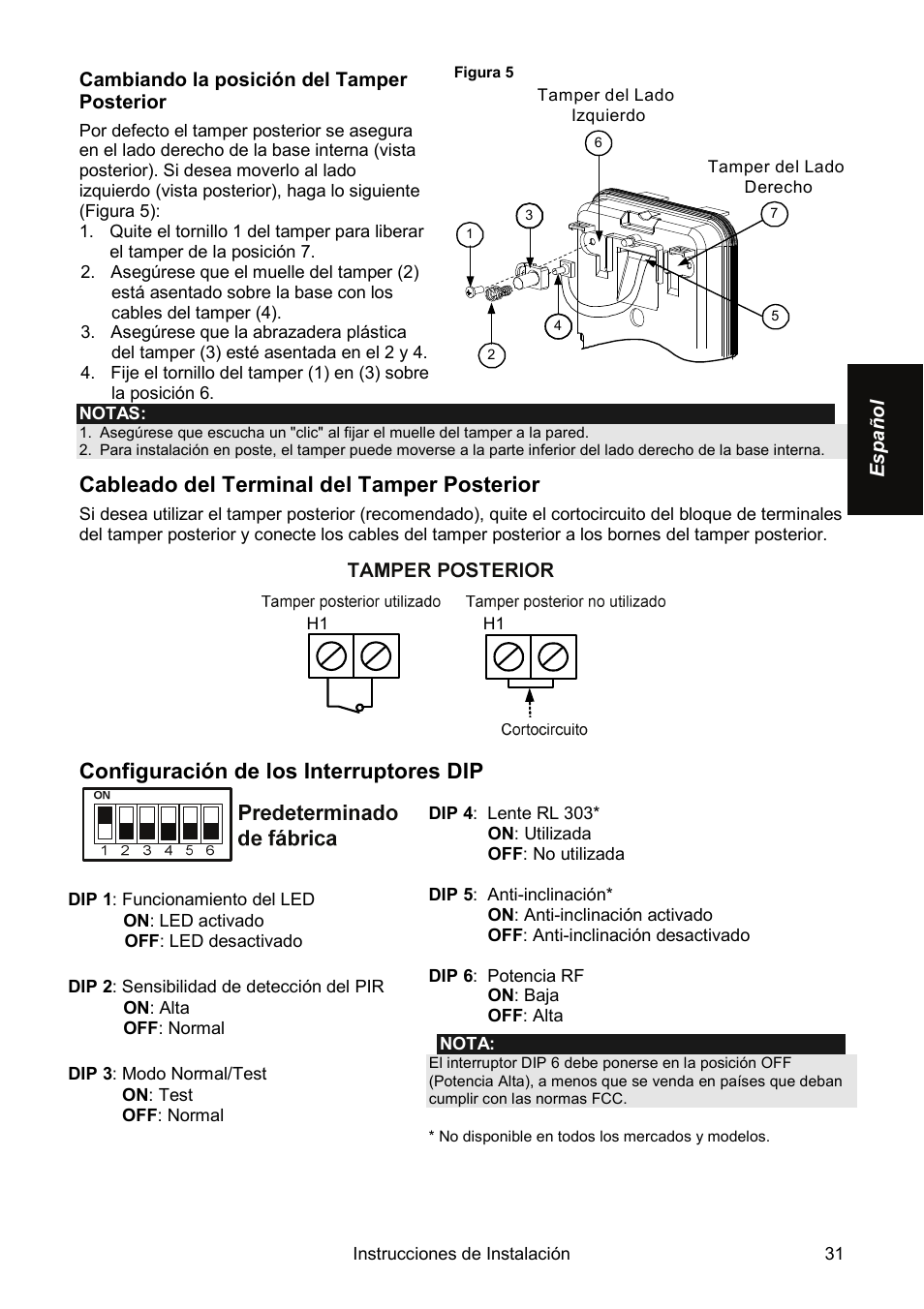 Cableado del terminal del tamper posterior, Configuración de los interruptores dip | RISCO Group Wireless WatchOUT PIR WL T312 User Manual | Page 31 / 76