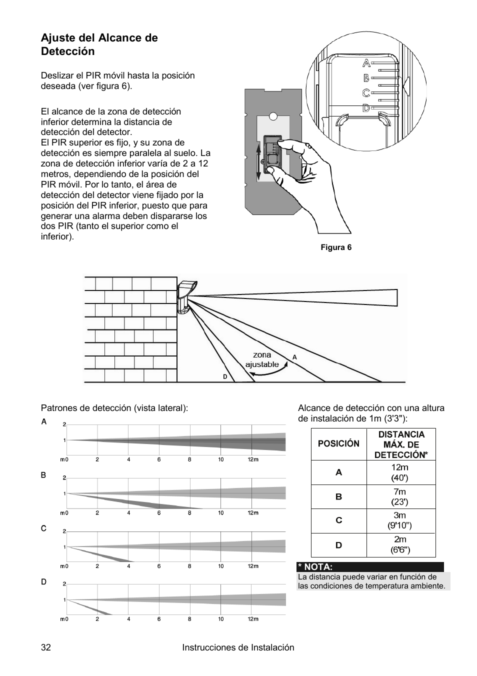 Ajuste del alcance de detección | RISCO Group Wireless WatchOUT PIR WL T312 User Manual | Page 32 / 76