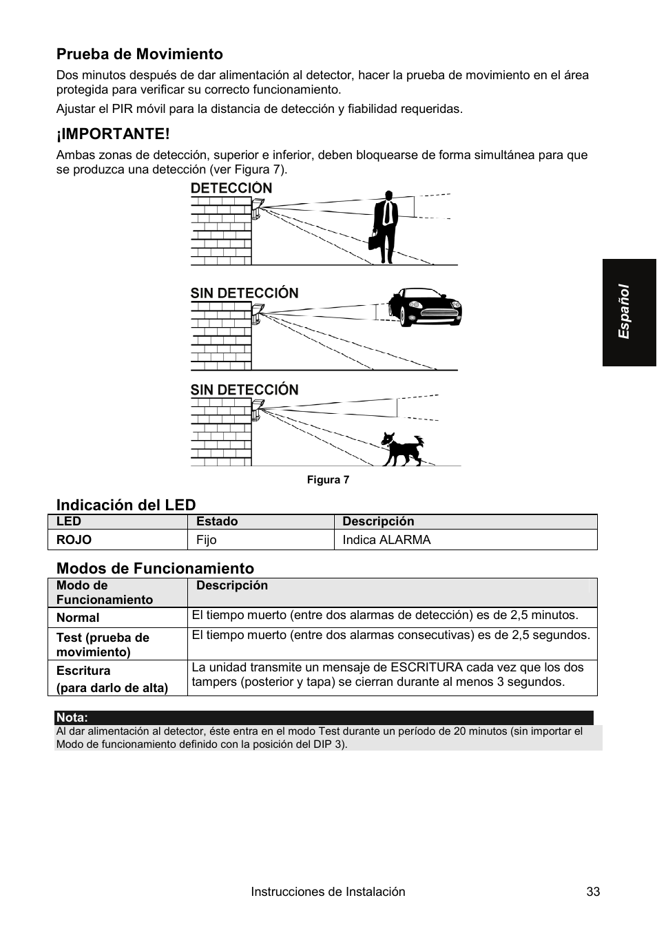 Prueba de movimiento, Importante, Indicación del led | Modos de funcionamiento | RISCO Group Wireless WatchOUT PIR WL T312 User Manual | Page 33 / 76