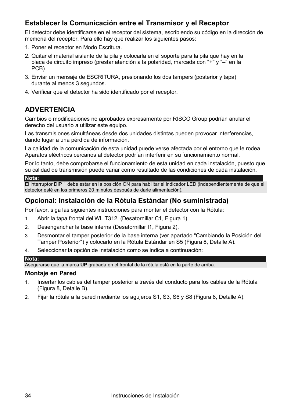 Advertencia | RISCO Group Wireless WatchOUT PIR WL T312 User Manual | Page 34 / 76