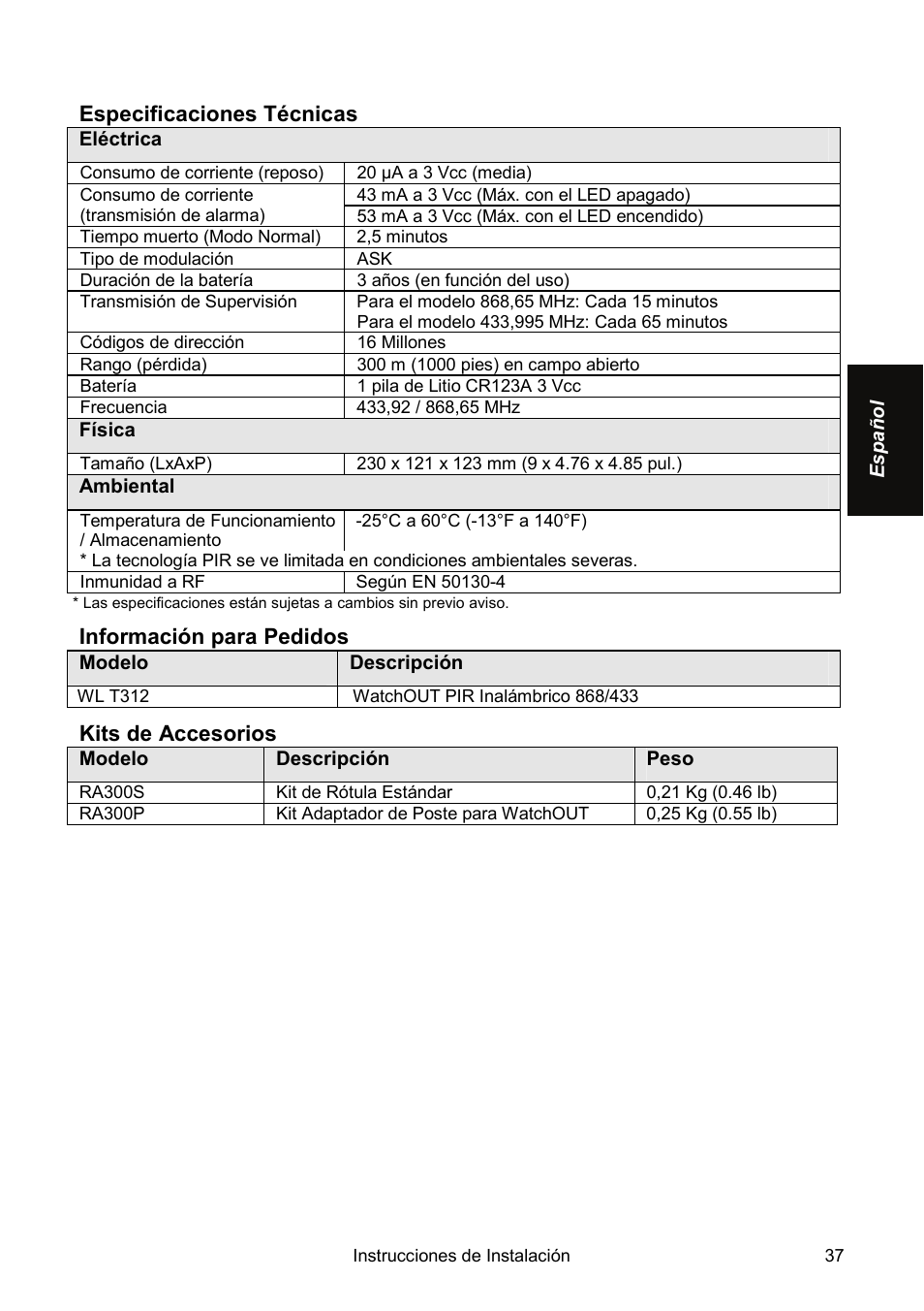 RISCO Group Wireless WatchOUT PIR WL T312 User Manual | Page 37 / 76