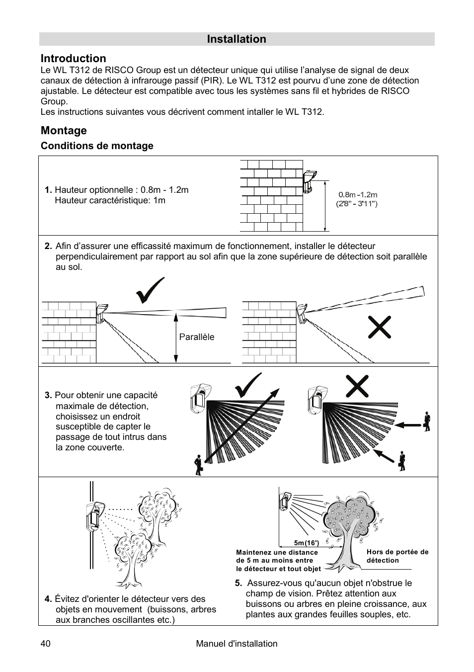 Installation introduction, Montage | RISCO Group Wireless WatchOUT PIR WL T312 User Manual | Page 40 / 76