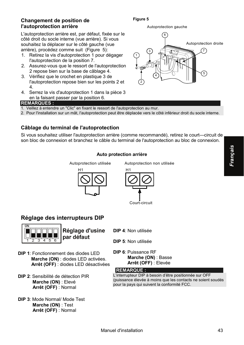 Réglage des interrupteurs dip | RISCO Group Wireless WatchOUT PIR WL T312 User Manual | Page 43 / 76