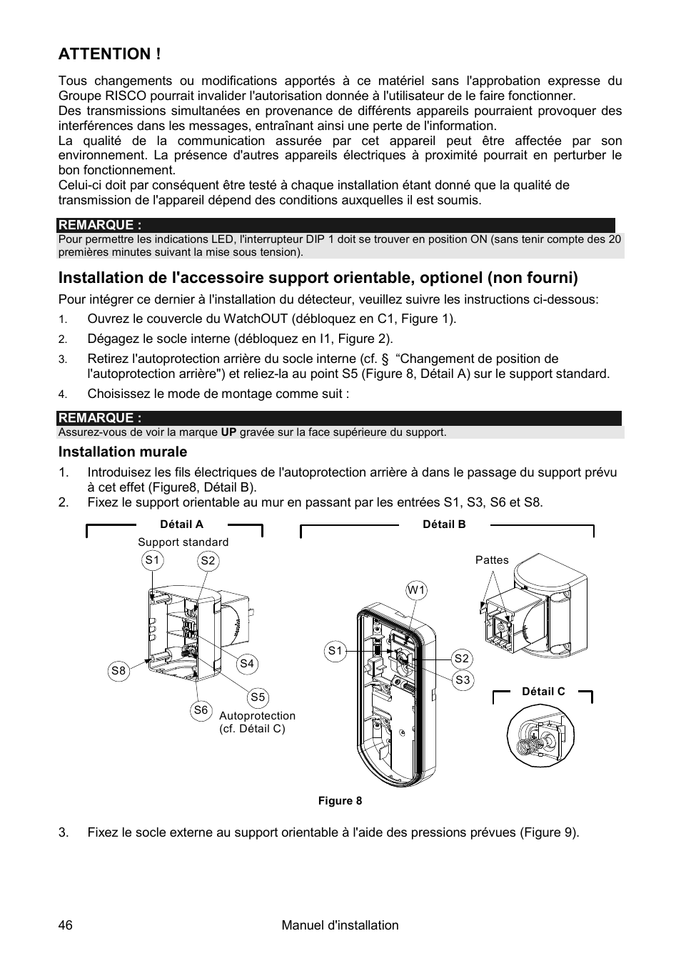 Attention, Installation murale | RISCO Group Wireless WatchOUT PIR WL T312 User Manual | Page 46 / 76