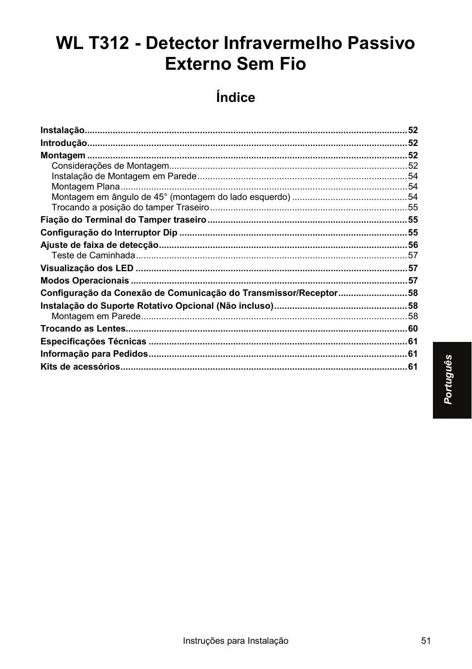 Índice | RISCO Group Wireless WatchOUT PIR WL T312 User Manual | Page 51 / 76