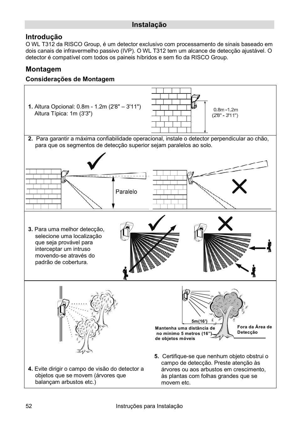 Instalação introdução, Montagem | RISCO Group Wireless WatchOUT PIR WL T312 User Manual | Page 52 / 76