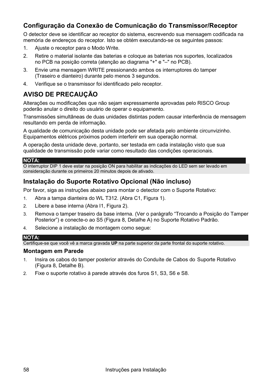 Aviso de precaução | RISCO Group Wireless WatchOUT PIR WL T312 User Manual | Page 58 / 76