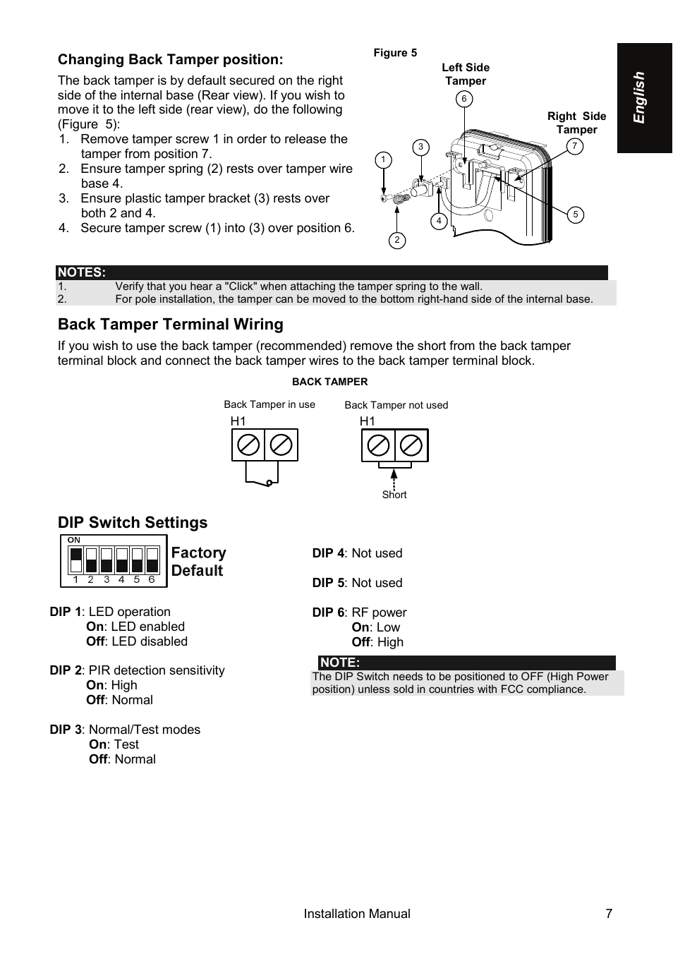 Back tamper terminal wiring, Dip switch settings | RISCO Group Wireless WatchOUT PIR WL T312 User Manual | Page 7 / 76