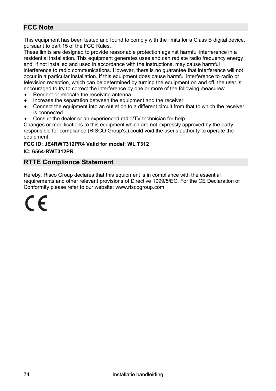 Rtte compliance statement | RISCO Group Wireless WatchOUT PIR WL T312 User Manual | Page 74 / 76