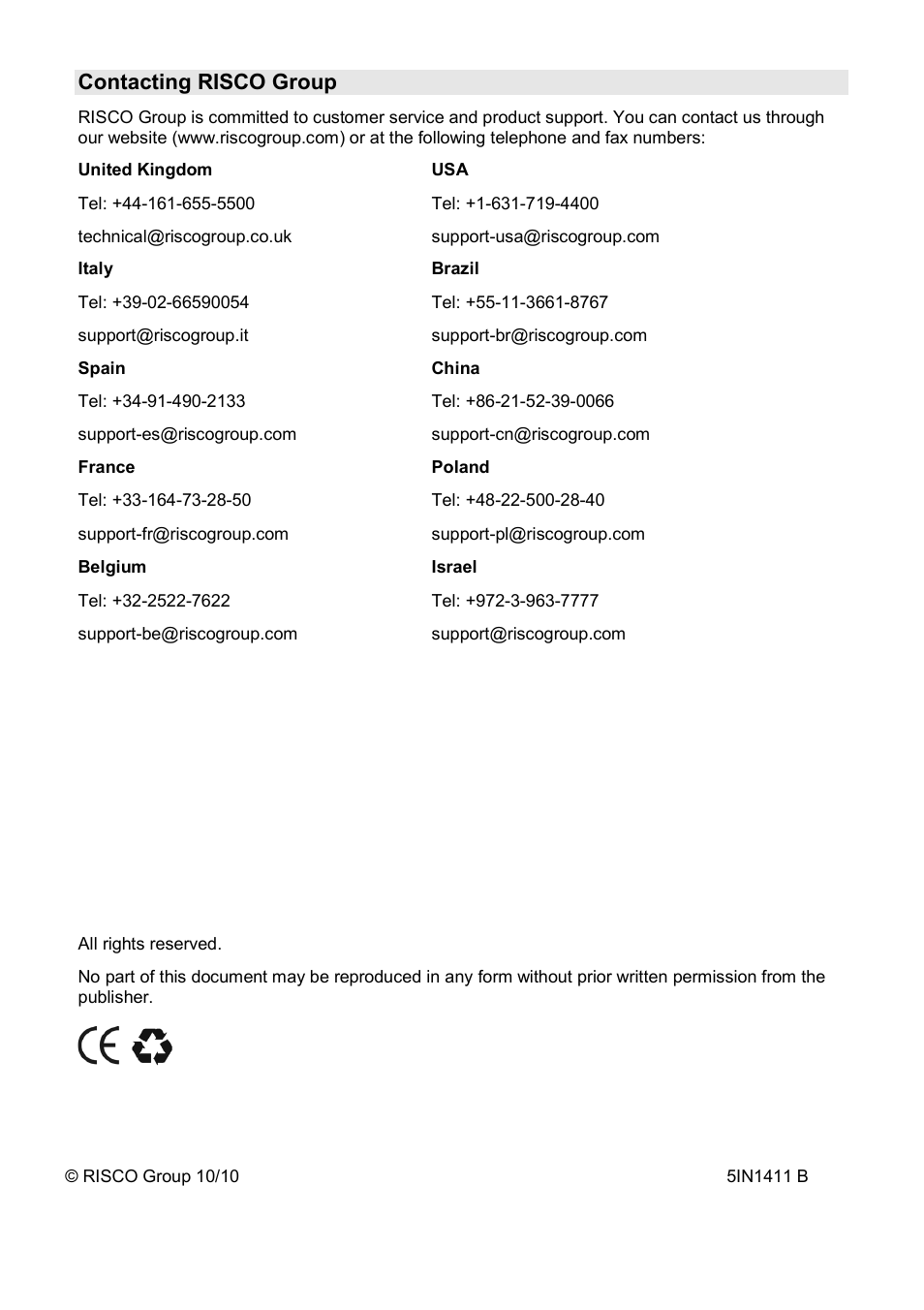 Contacting risco group | RISCO Group Wireless WatchOUT PIR WL T312 User Manual | Page 76 / 76