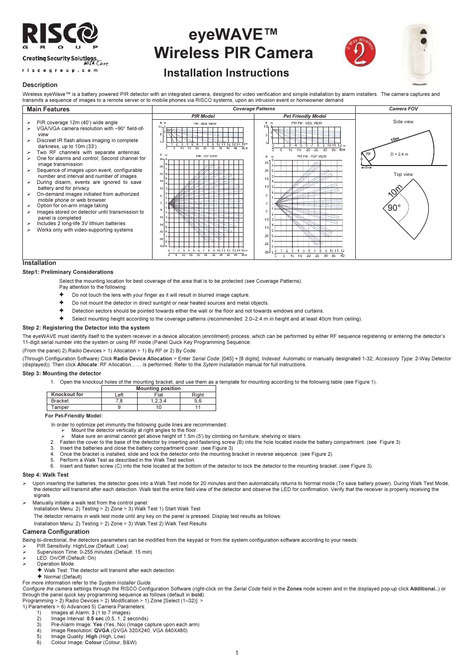 RISCO Group eyeWAVE™ Wireless PIR Camera User Manual | 2 pages