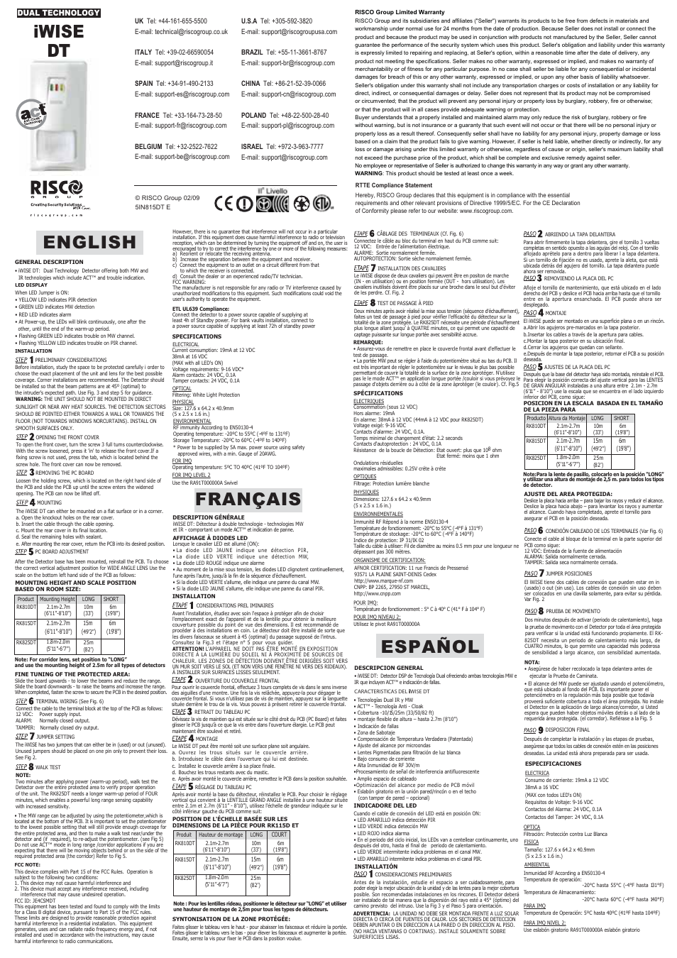 RISCO Group iWISE DT Grade 2 Detector User Manual | 2 pages