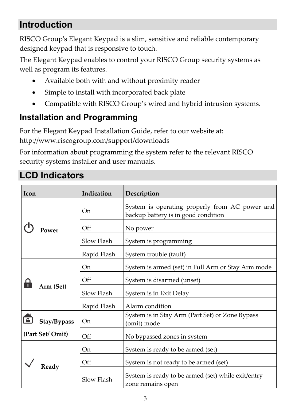 Introduction, Lcd indicators, Installation and programming | RISCO Group RPKELB User Manual | Page 3 / 8