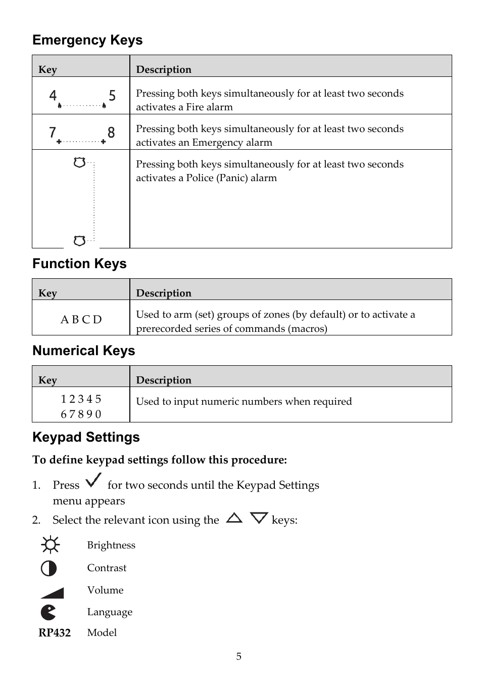 Emergency keys, Function keys, Numerical keys | Keypad settings | RISCO Group RPKELB User Manual | Page 5 / 8