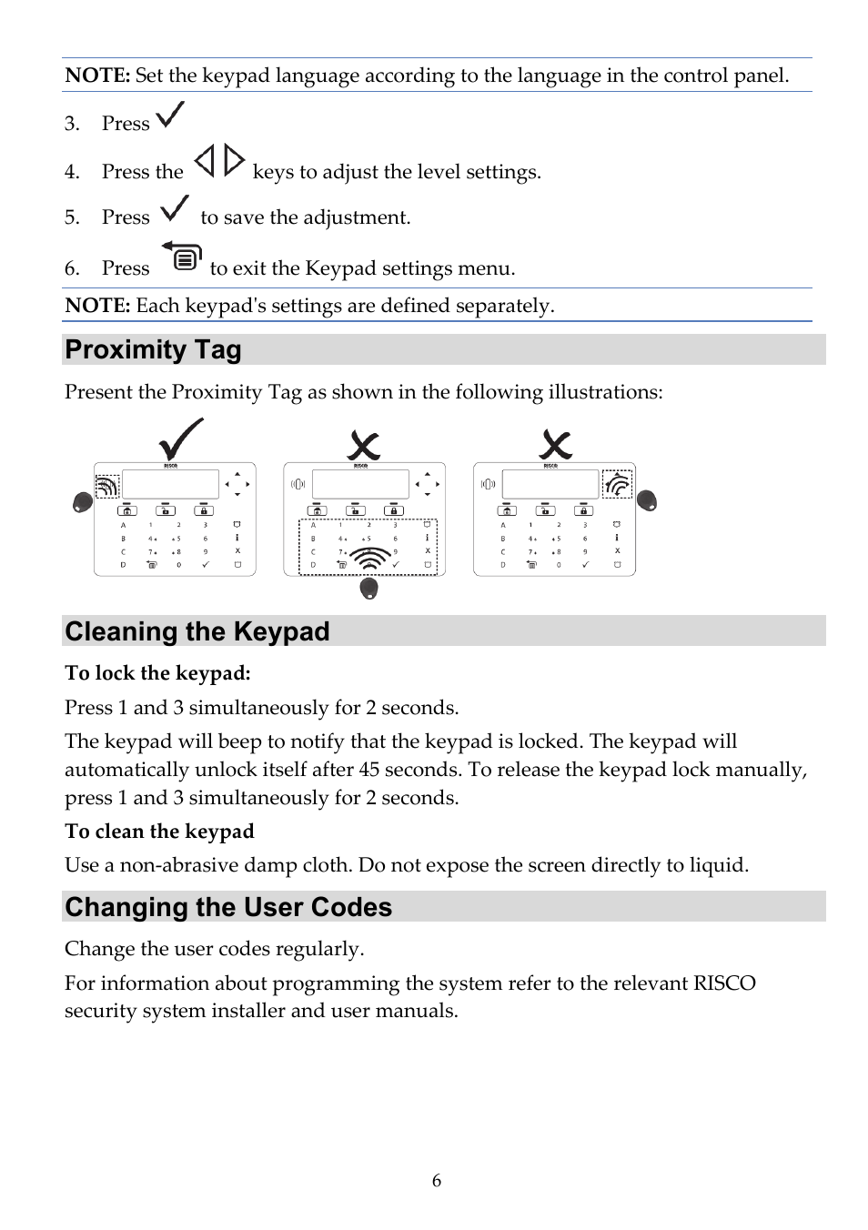 Proximity tag, Cleaning the keypad, Changing the user codes | RISCO Group RPKELB User Manual | Page 6 / 8