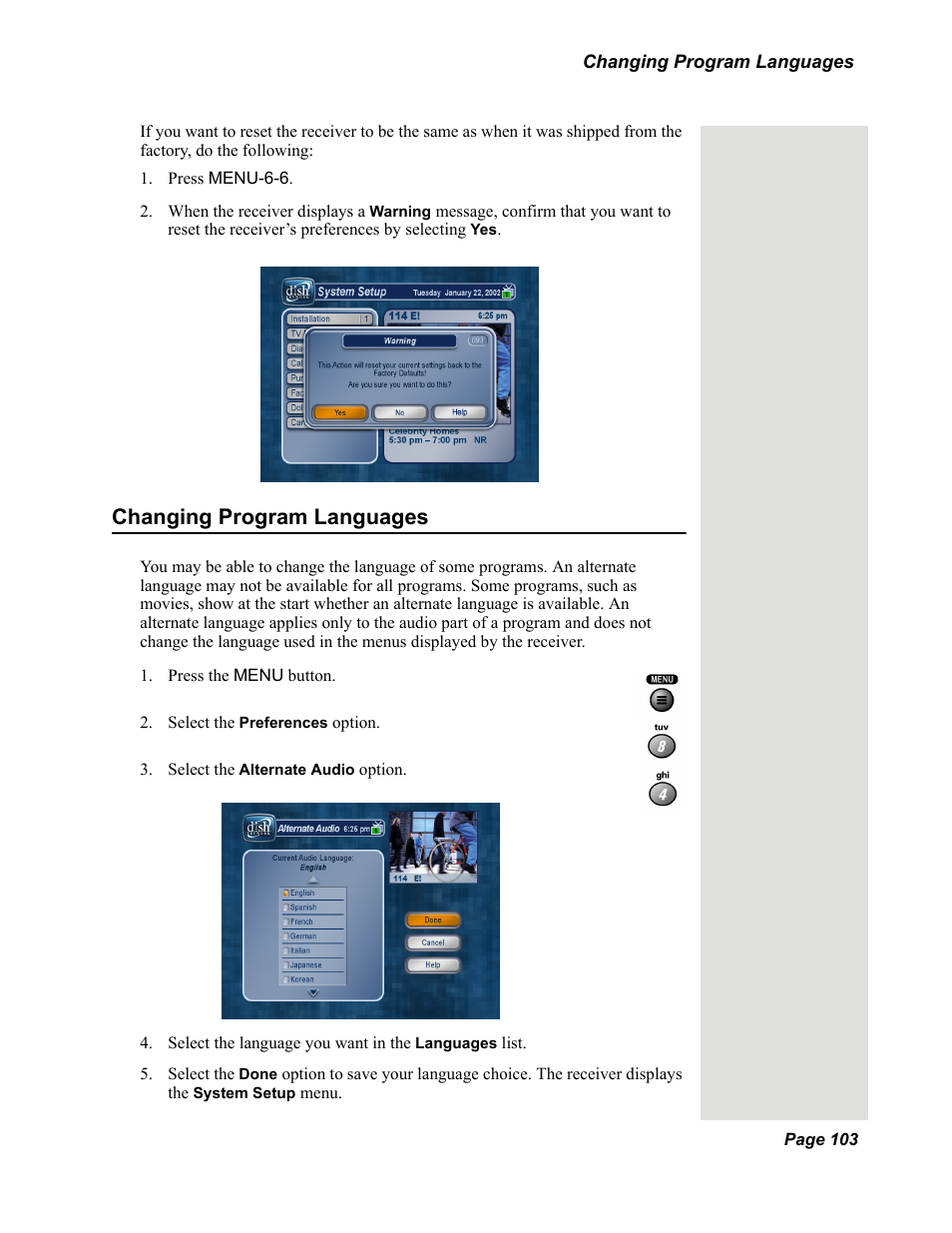 Changing program languages | Dish Network DuoDVR 625 User Manual | Page 108 / 179