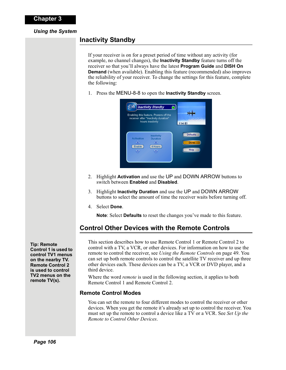 Inactivity standby, Control other devices with the remote controls, Chapter 3 | Dish Network DuoDVR 625 User Manual | Page 111 / 179