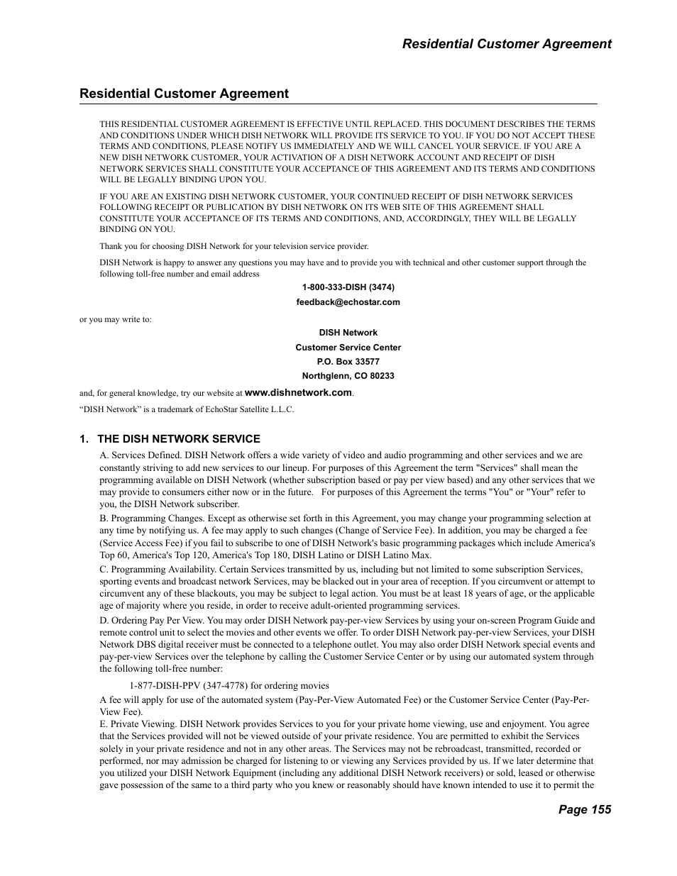Residential customer agreement, Page 155 | Dish Network DuoDVR 625 User Manual | Page 160 / 179