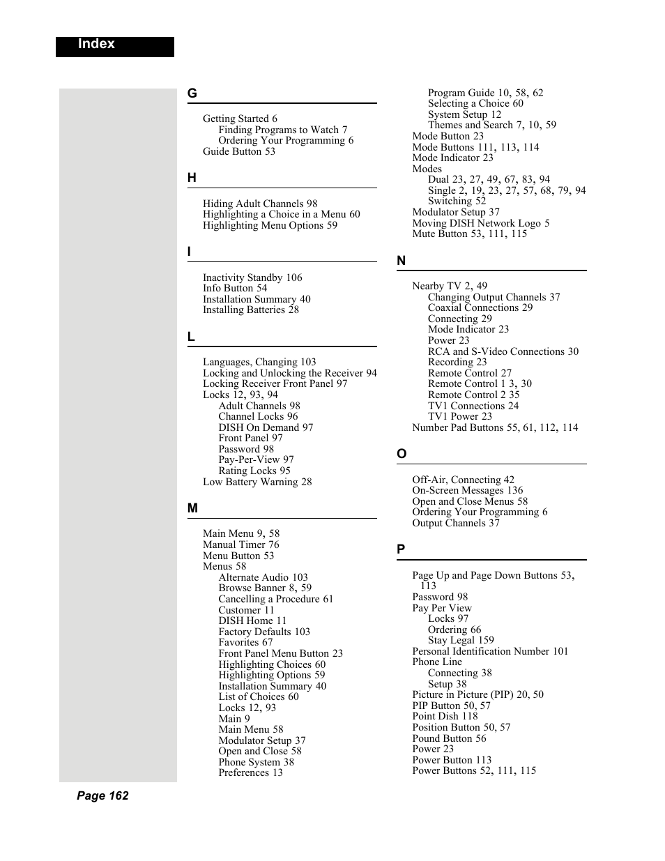 Index | Dish Network DuoDVR 625 User Manual | Page 167 / 179