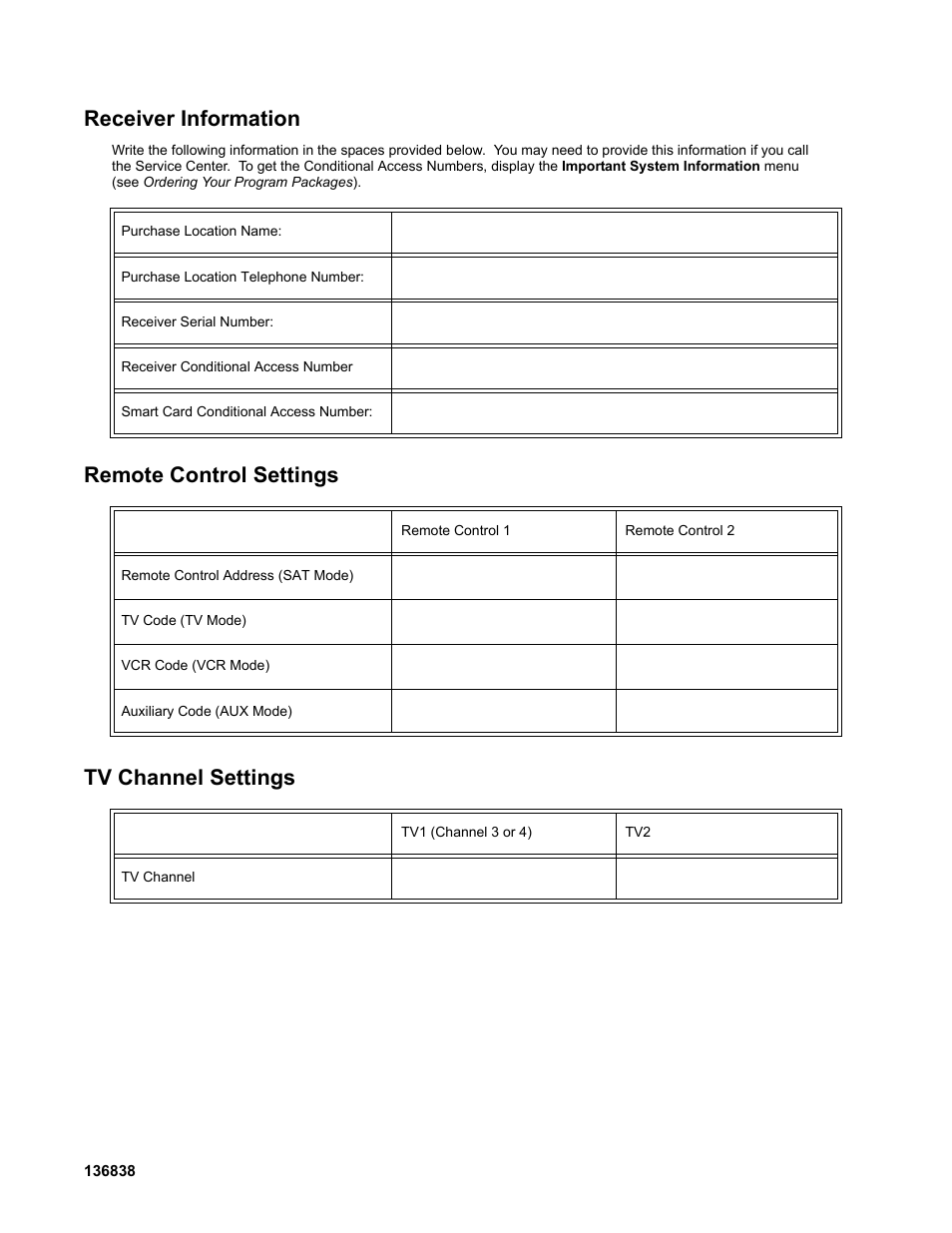 Receiver information, Remote control settings tv channel settings | Dish Network DuoDVR 625 User Manual | Page 170 / 179